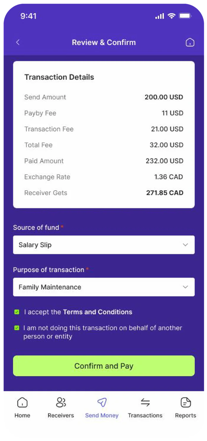 Victory Conquest app showing a transaction review and confirmation screen